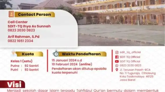 Info PPDB SDIT-TQ Ihya As-Sunnah Tasikmalaya TA 2024-2025 (Setingkat SD Putra & Putri)